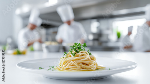  Elegant Plated Spaghetti Dish in a Professional Kitchen