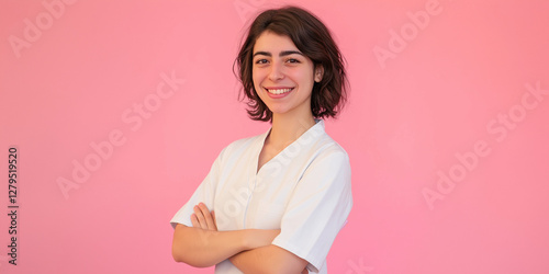 young woman in white dress with pink background