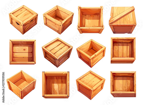 Wooden boxes. Empty wood package for vegetables and fruits, natural material shipping storage containers different angles set vector illustration