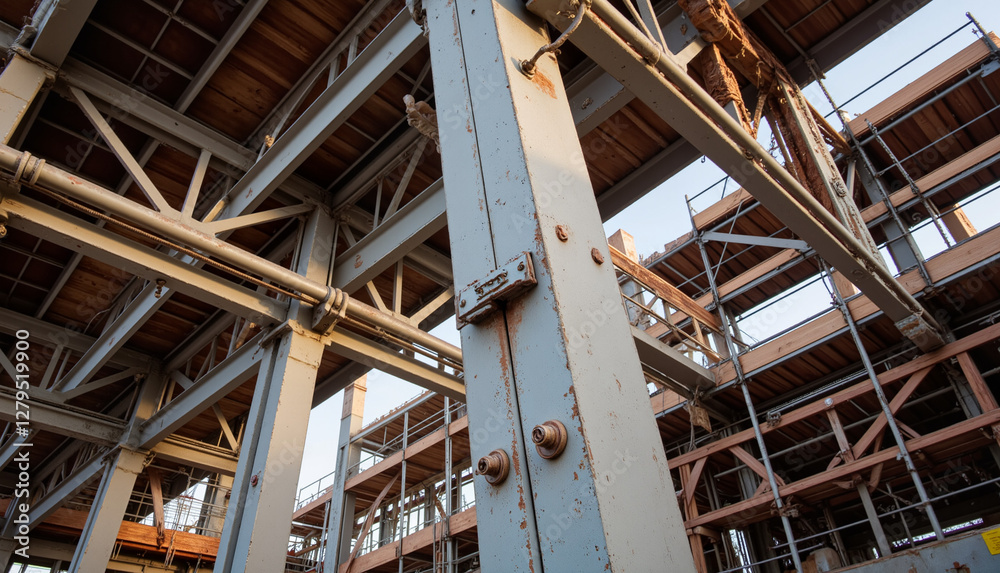 Industrial construction framework under blue sky, steel beam Industrial construction framework under blue sky, steel beam