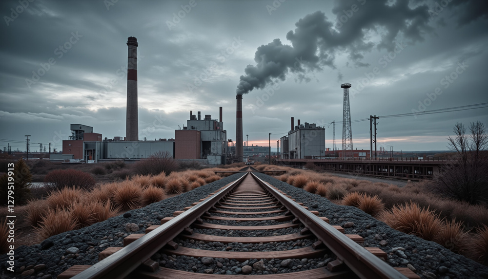 Fototapeta premium Industrial power plant with smoke against cloudy sky, train tracks