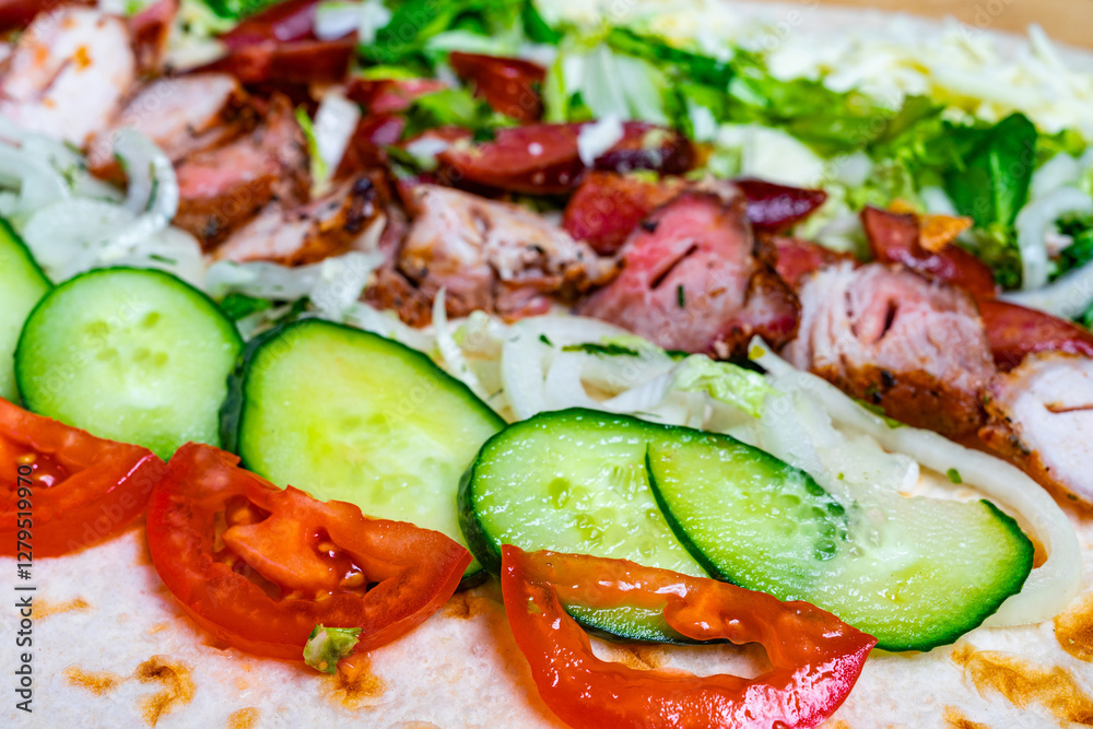 Delicious wrap filled with fresh ingredients and grilled meat Delicious wrap filled with fresh ingredients and grilled meat