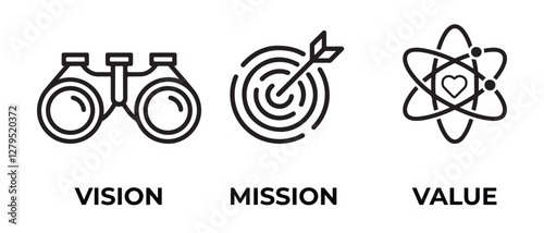 Vision, mission and values icons set isolated on white background vector illustration