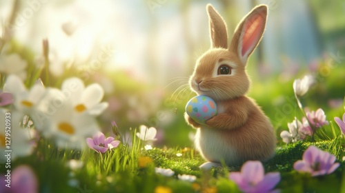 Adorable Bunny With Easter Eggs In Flowery Meadow