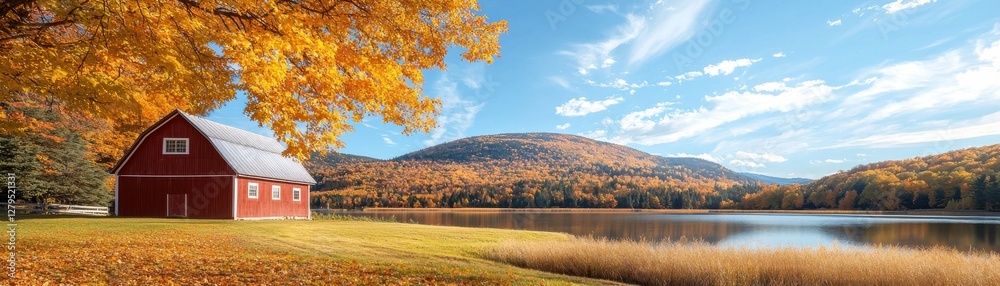 Serene Autumn Landscape with Red Barn and Colorful Foliage Near Tranquil Lake Under Clear Blue Sky Serene Autumn Landscape with Red Barn and Colorful Foliage Near Tranquil Lake Under Clear Blue Sky