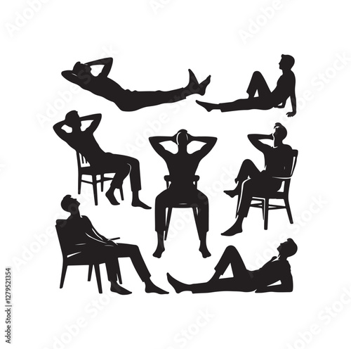 Relaxed men in different poses silhouette vector illustration