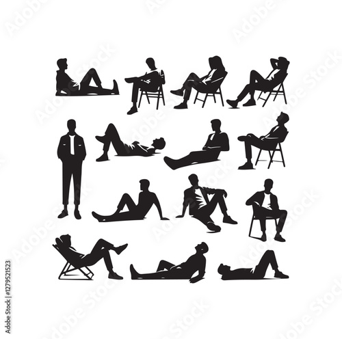 Relaxed men in different poses silhouette vector illustration