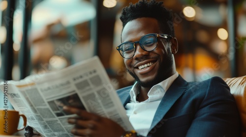 portrait of a happy African American businessman enjoying his morning routine of reading the newspaper and drinking coffee.