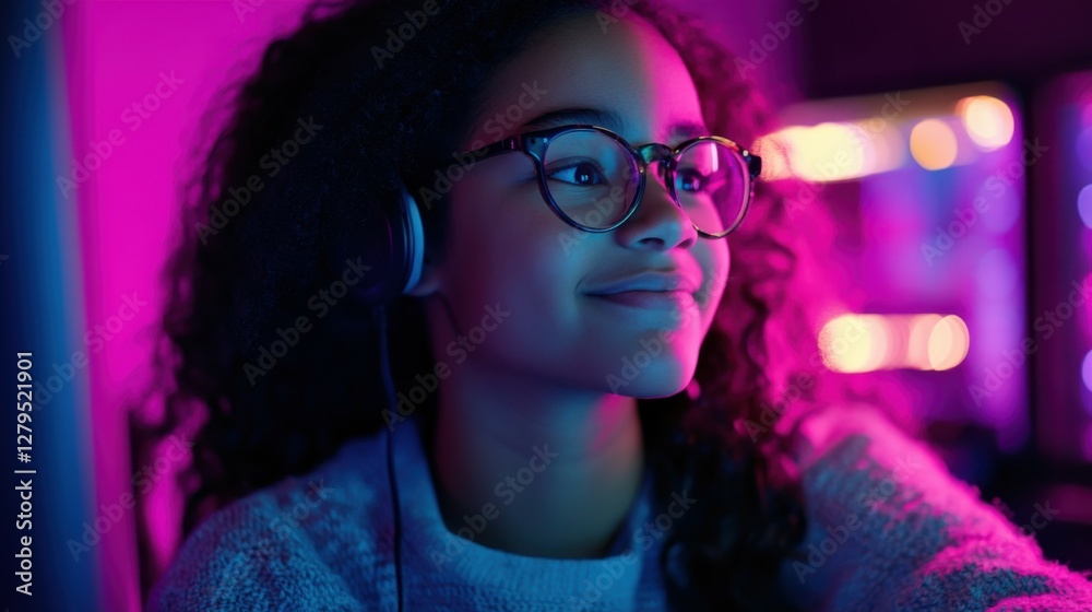 smiling teenager with beautiful eyeglasses is coding on a computer while listening to music. smiling teenager with beautiful eyeglasses is coding on a computer while listening to music.