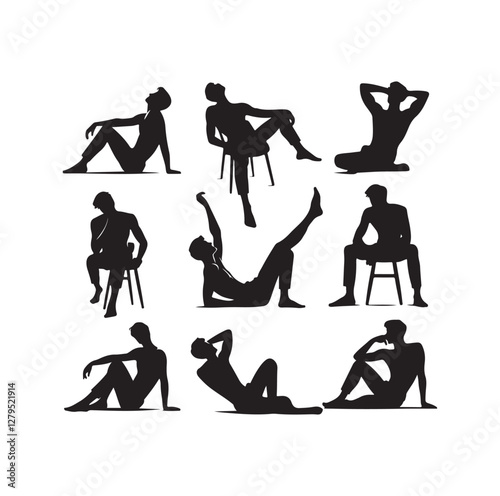 Relaxed men in different poses silhouette vector illustration