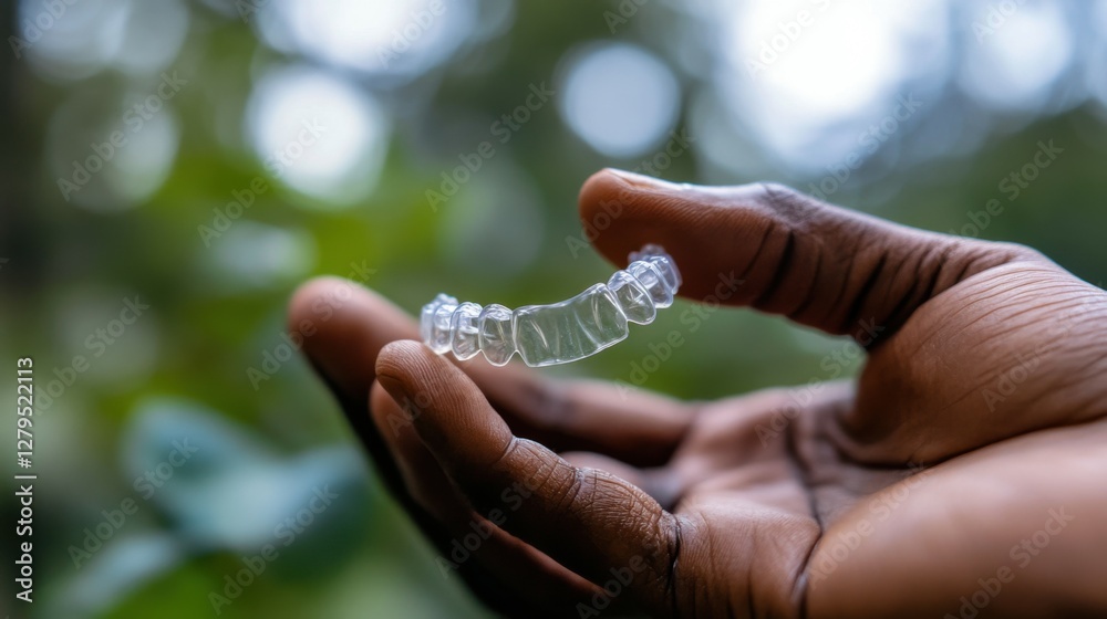 Fototapeta premium close-up photo of a man's hand holding a transparent aligner, emphasizing the importance of dental health and orthodontic treatment for bruxism.