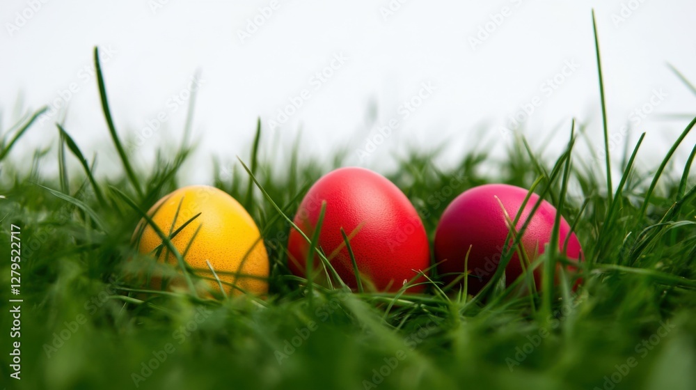 Colored easter eggs lying in the grass on a white background Colored easter eggs lying in the grass on a white background