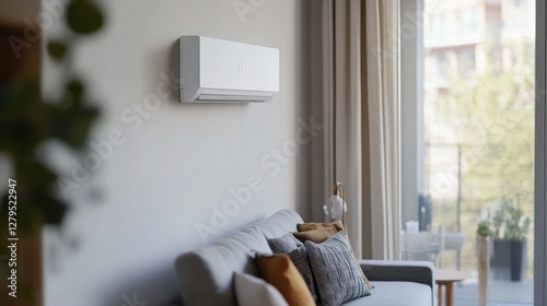 Close up shot of a white air conditioner mounted on the wall in a living room, showcasing the importance of temperature control in a home.
