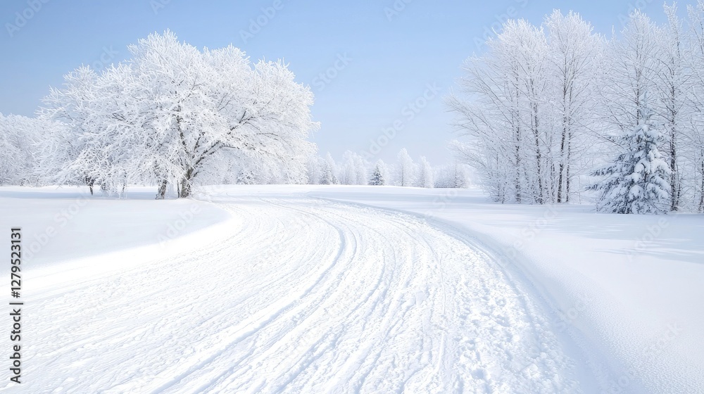 Winter wonderland landscape with snow-covered trees and path. Possible use Nature background, winter scene Winter wonderland landscape with snow-covered trees and path. Possible use Nature background, winter scene