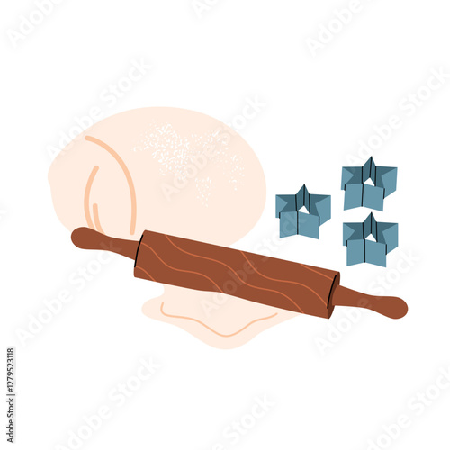Cookie cutters in the shape of stars, rolling pin, dough. Cookie cooking.