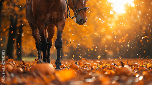 Halloween Horse and orange pumpkins in the forest, symbol of 2026