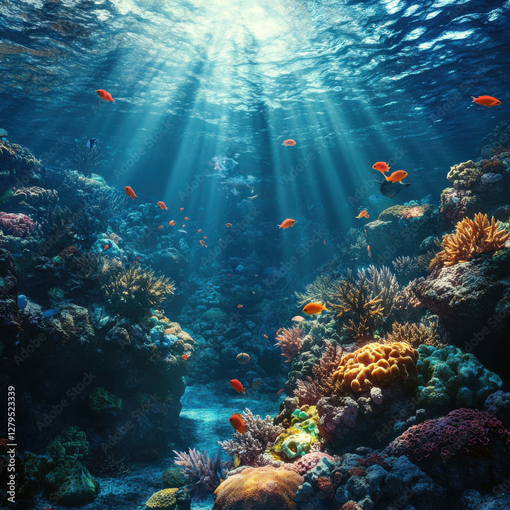 Fototapeta premium Underwater coral reef ecosystem teeming with colorful marine life, vibrant fish, crystal-clear blue waters, sunbeams penetrating the ocean surface, hyper-detailed 8K realism 