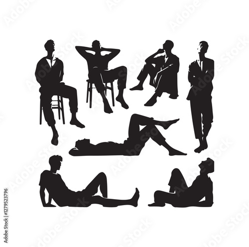 Relaxed men in different poses silhouette vector illustration
