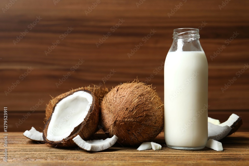 Bottle of milk with coconuts on the table Bottle of milk with coconuts on the table