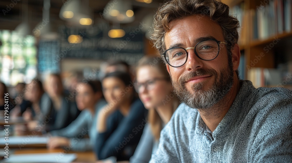 Confident man smiles, team meeting, cafe background, business Confident man smiles, team meeting, cafe background, business