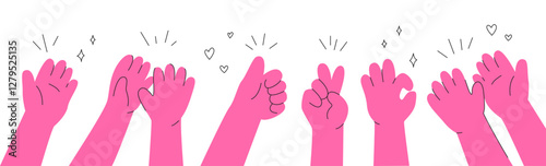 Applause. Colorful doodle hands clapping and showing thumbs up, appreciation and approval. Voting, respect, celebration or happy congratulation. Hands up gestures comic icons. Hand drawn vector