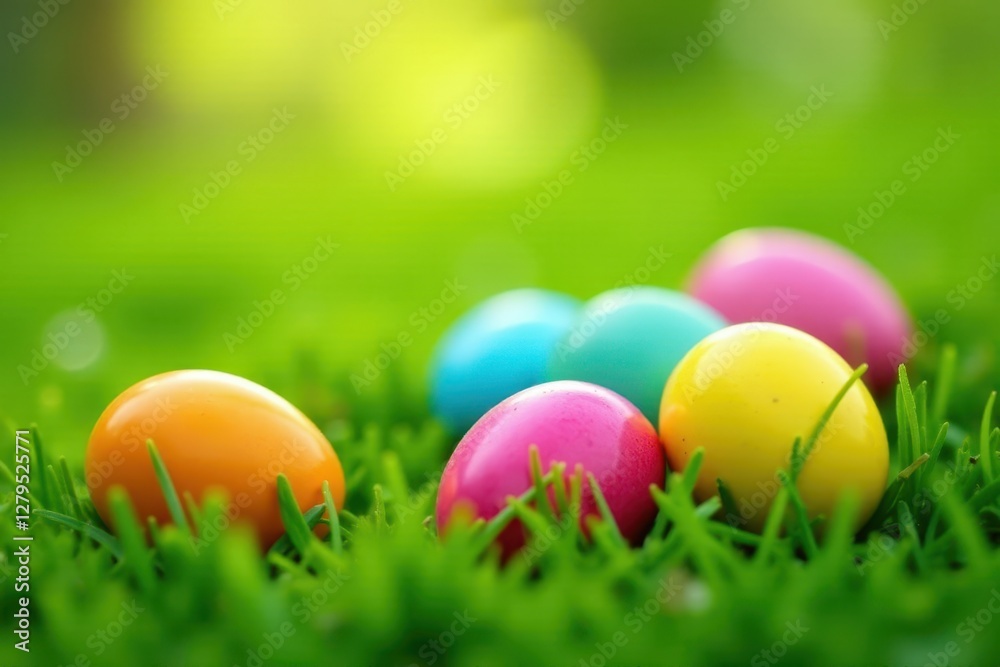Colorful eggs scattered on lush green grass, sunny day , light, colorful Colorful eggs scattered on lush green grass, sunny day , light, colorful
