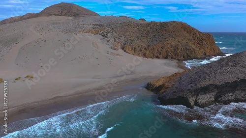 Aerial view of the salt flats of Cabo de Gata, Cabo de Gata-Níjar Natural Park, Almeria, Andalusia, Spain