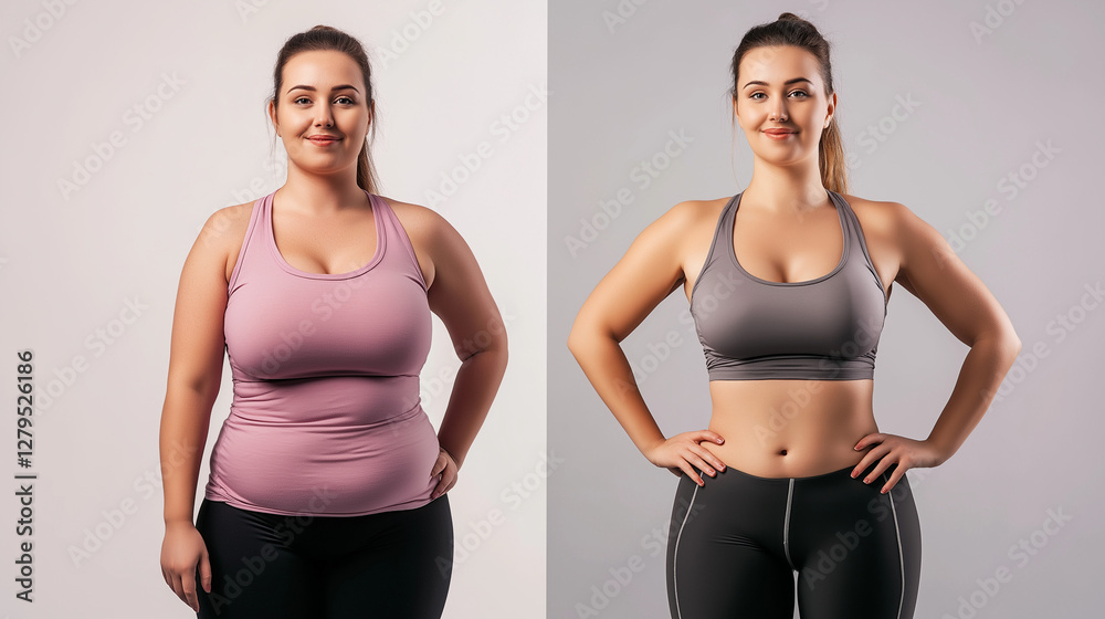 A compelling side-by-side transformation photo of a 40-year-old woman, illustrating her weight loss journey. On the left, she is heavier and dressed in casual attire with a neutral expression. On the A compelling side-by-side transformation photo of a 40-year-old woman, illustrating her weight loss journey. On the left, she is heavier and dressed in casual attire with a neutral expression. On the