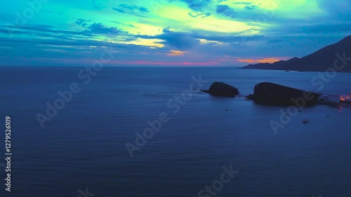 Aerial night view of La Isleta del Moro, Cabo de Gata-Níjar Natural Park, Almeria, Andalusia, Spain