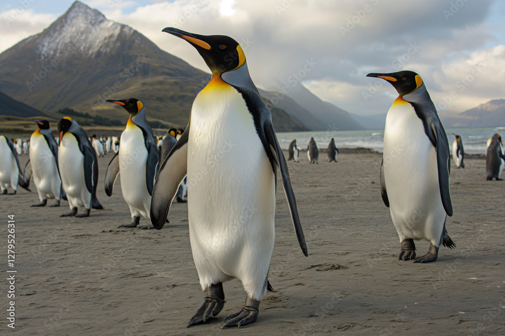 Fototapeta premium A lively scene of numerous king penguins walking gracefully along the beach