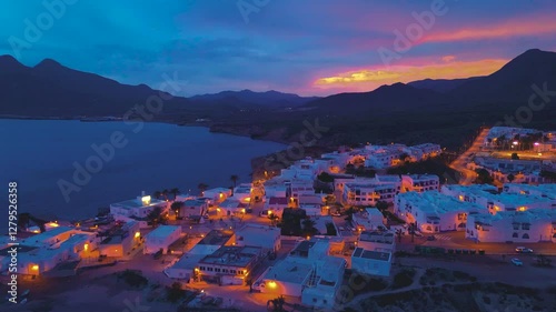 Aerial night view of La Isleta del Moro, Cabo de Gata-Níjar Natural Park, Almeria, Andalusia, Spain