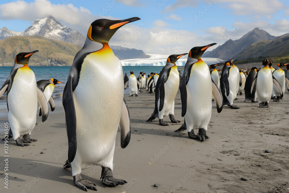 Obraz premium A lively scene of numerous king penguins walking gracefully along the beach