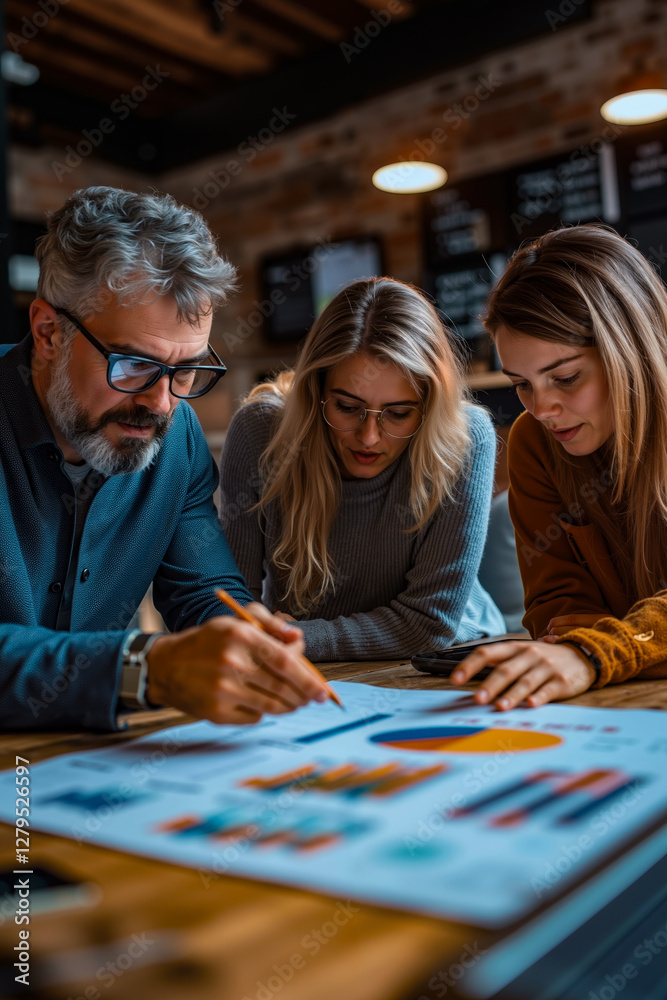 Fototapeta premium A group of people sitting around a table looking at a chart