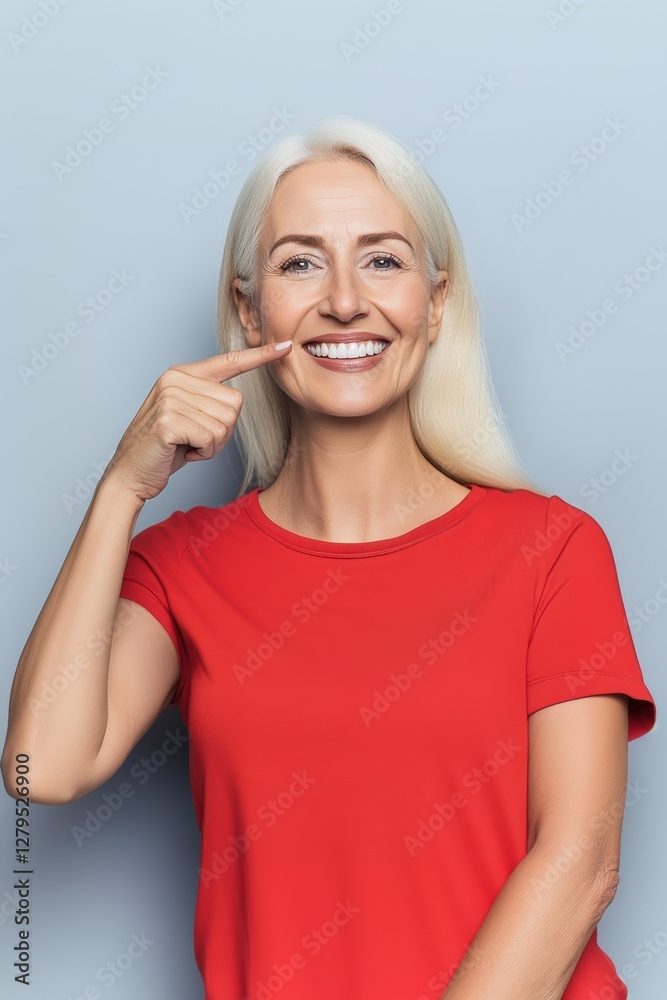A woman with white-blond hair is smiling widely while placing her finger on her cheek. She is wearing a red shirt, set against a simple, light background, expressing happiness A woman with white-blond hair is smiling widely while placing her finger on her cheek. She is wearing a red shirt, set against a simple, light background, expressing happiness