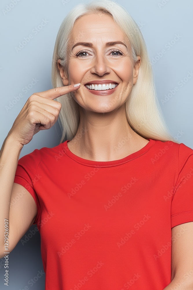 A joyful woman with long, blonde hair is smiling and pointing at her mouth. She is dressed in a vibrant red shirt. The backdrop is a soft blue, creating a cheerful and inviting atmosphere A joyful woman with long, blonde hair is smiling and pointing at her mouth. She is dressed in a vibrant red shirt. The backdrop is a soft blue, creating a cheerful and inviting atmosphere