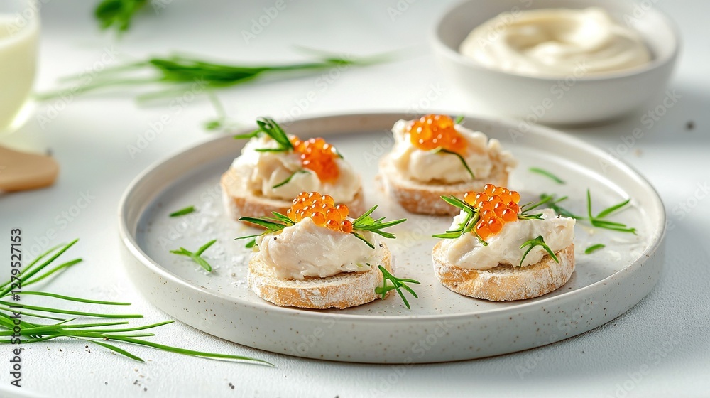 A plate of creamy crackers, topped with a citrus garnish A plate of creamy crackers, topped with a citrus garnish