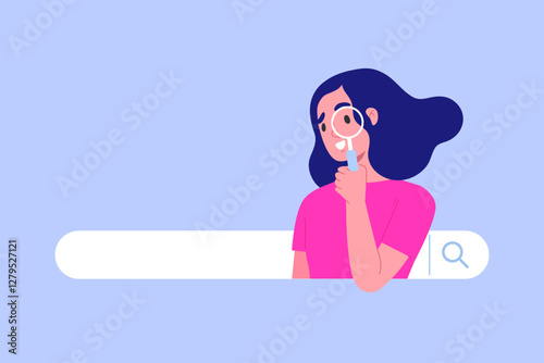 Young female in search bar looking through magnify glass. Concept of searching, finding, information service, Q and A, customer support, find the answer. Flat vector illustration character.