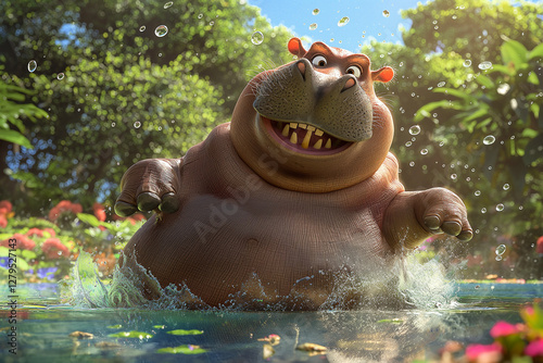 A lovable cartoon hippo with a wide, joyful smile, gleefully wallowing and splashing in a vibrant, clear pond