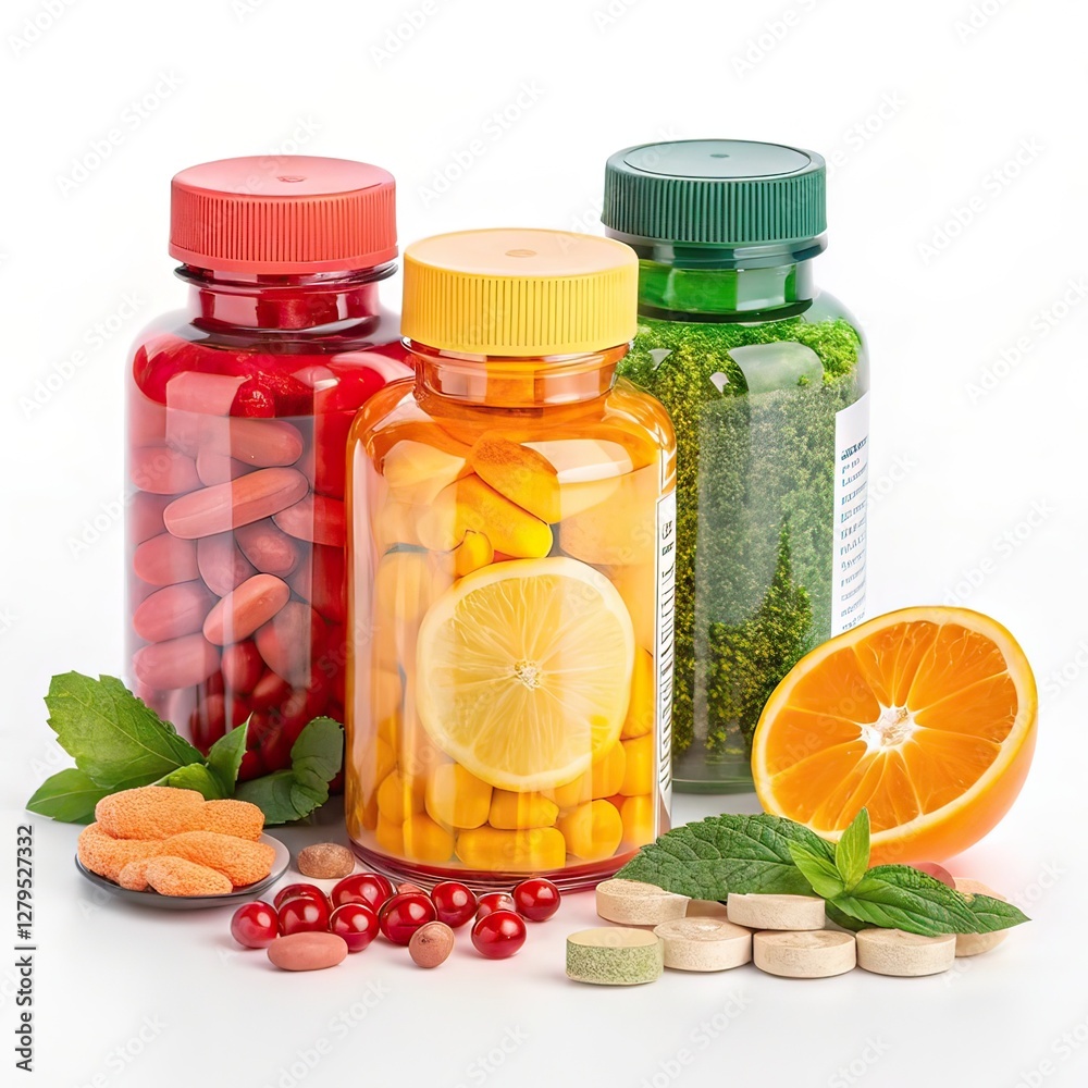 Dietary Supplement Bottles with Red, Orange, and Green Capsules and Fresh Ingredients on white background Dietary Supplement Bottles with Red, Orange, and Green Capsules and Fresh Ingredients on white background
