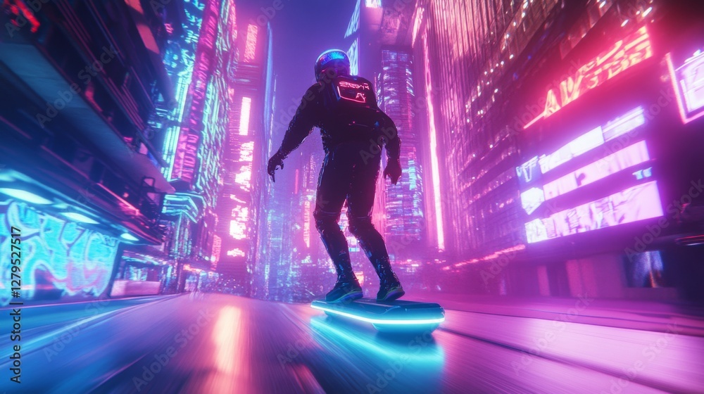 Futuristic skater in neon city; Night scene; Cyberpunk style; Possible use for video game/movie advertisement