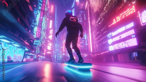 Obraz na płótnie Futuristic skater in neon city; Night scene; Cyberpunk style; Possible use for video game/movie advertisement w salonie