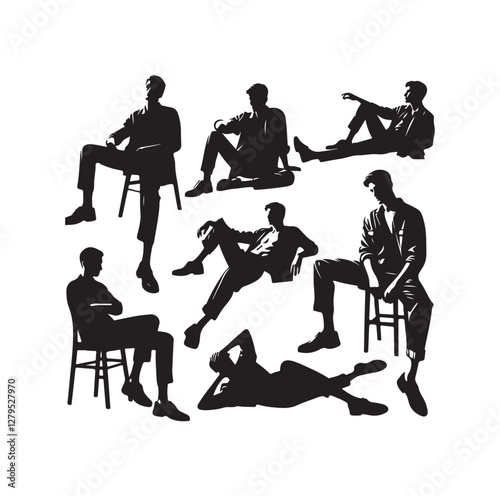 Relaxed men in different poses silhouette vector illustration