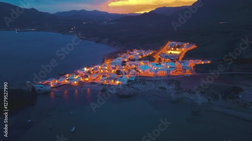 Aerial night view of La Isleta del Moro, Cabo de Gata-Níjar Natural Park, Almeria, Andalusia, Spain