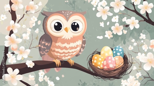 flat illustration of gentle owl perched on a branch, with Easter eggs tucked in the nest beside it, surrounded by spring blossoms 