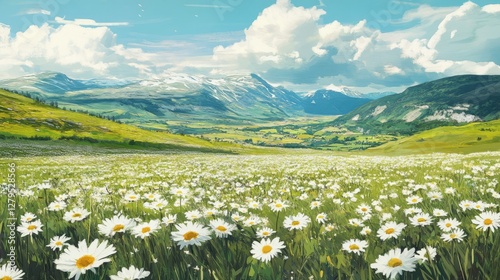 flat illustration of peaceful meadow of daisies and green valley in spring 