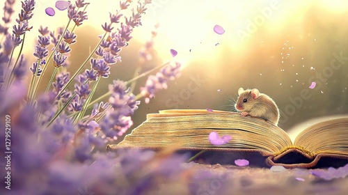   Mouse on book amid lavender field with shining sun