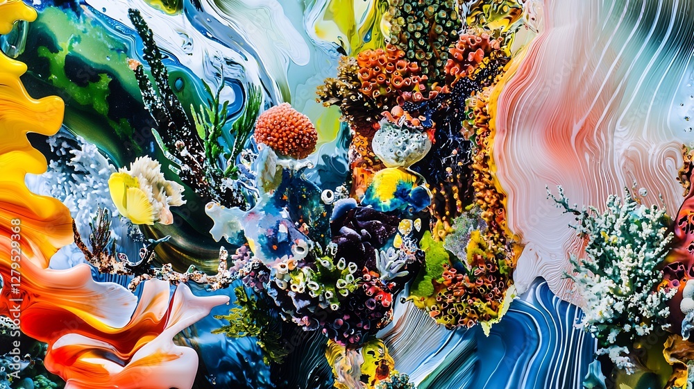 Abstract rendition of an underwater ecosystem with vibrant coral life Abstract rendition of an underwater ecosystem with vibrant coral life