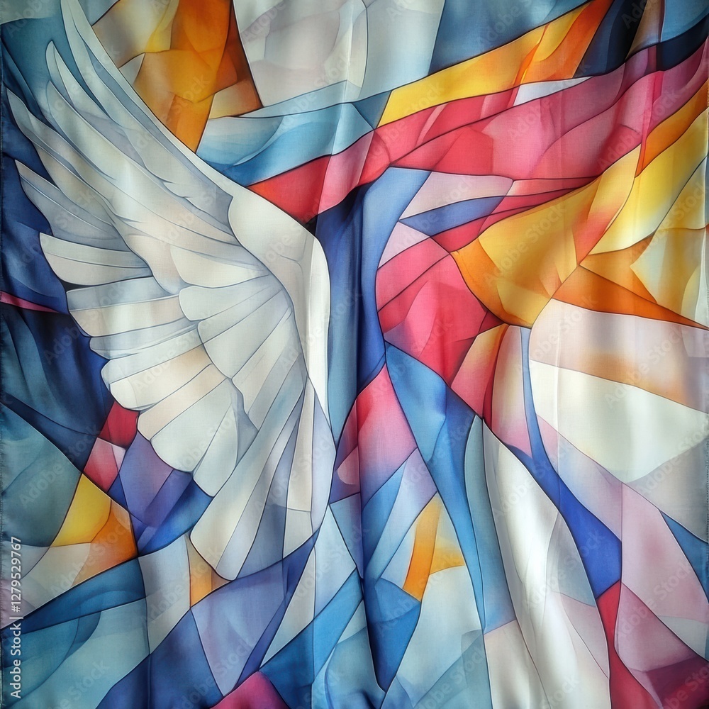 Fototapeta premium A beautifully crafted silk handkerchief showcases a striking abstract design. Colorful geometric shapes intertwine with a prominent angel wing, creating a dynamic and eye-catching effect
