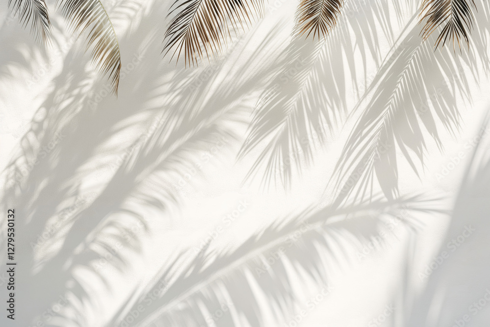 Obraz premium A minimalist white wall adorned with the soft, dappled shadows of tropical palm leaves
