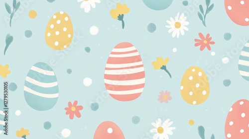flat illustration pastel colored Easter eggs with stripes, polka dots, florals pattern